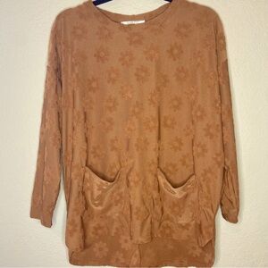 Stylive Retro Oversized Brown Textured Floral Knit Long Sleeve Top Pockets S